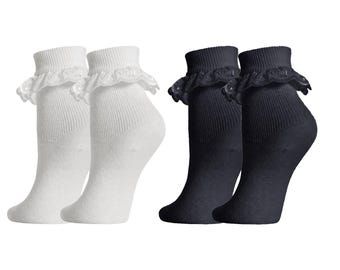 Girls Lace Trim Ankle Socks, Cute Frilly Socks, School Uniform Socks, Multipack