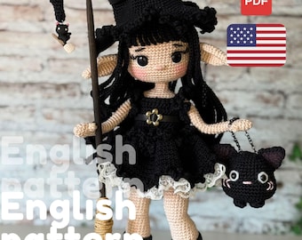 May include: A crocheted witch doll wearing a black dress, hat, and boots, holding a broom and a black cat purse. The doll has long black hair and pointed ears. The image includes the text "English pattern".