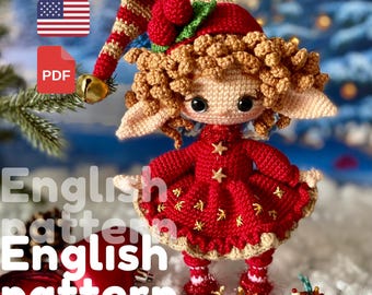 Patroon gehaakte kerstpop: amigurumi elfenmeisje met kleding (pdf-patroon)