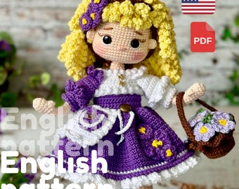 Padrão de crochê para boneca violeta: tutorial em PDF da florista amigurumi (para iniciantes)