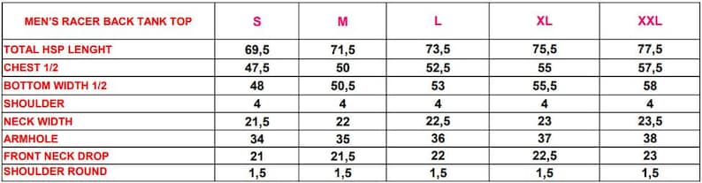 May include: Size chart for a racer back tank top with measurements in centimetres for total length, chest, bottom width, shoulder, neck width, armhole, front neck drop, and shoulder round.