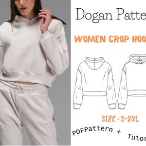 Patrón de costura de sudadera con capucha corta Patrón de costura de mujer Patrón de sudadera en PDF Patrón de costura de sudadera con capucha de hombros caídos Patrón de top corto, costura de capucha corta