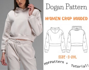Crop Hoodie Sewing Pattern Women Sewing Pattern Sweatshirt PDF Pattern Drop Shoulder Hoodie Sewing Pattern Crop Top Pattern,crop hooded sew