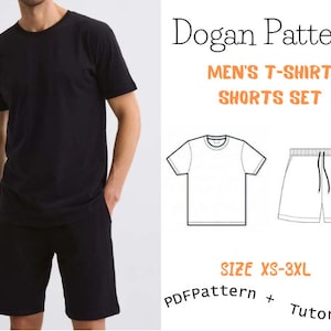 May include: Black t-shirt and shorts set. The image shows a person wearing a black t-shirt and shorts. The image also includes a line drawing of a t-shirt and shorts. Text on the image says "Dogan Pattern" and "MEN'S T-SHIRT SHORTS SET".