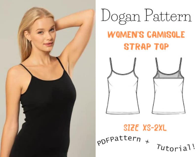 K&ouml;nnte beinhalten: Eine digitale Illustration eines N&auml;hmusters f&uuml;r ein Damen-Camisole-Top mit Tr&auml;gern. Das Muster ist in den Gr&ouml;&szlig;en XS-2XL erh&auml;ltlich. Der Text "Dogan Pattern" und "PDF Pattern + Tutorial!" ist im Bild enthalten.