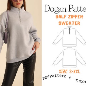 Puede incluir: Un patrón de costura digital para un suéter con cremallera de media longitud. El patrón incluye instrucciones y está disponible en las tallas S-XXL. "Dogan Pattern" y "PDF Pattern + Tutorial!" están escritos en la imagen.
