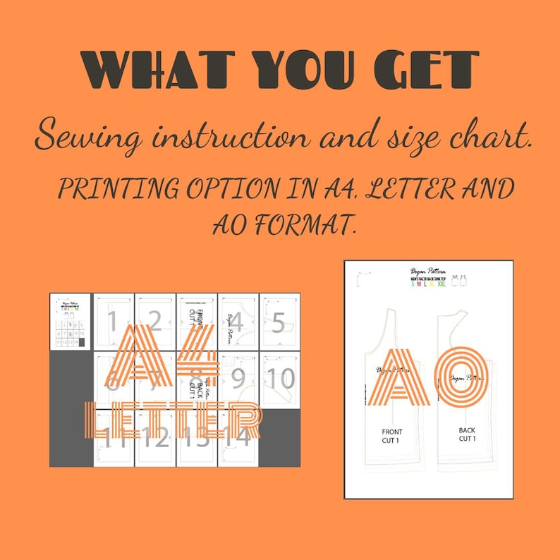 May include: A digital download of sewing instructions and a size chart for a garment. The image shows the printing options in A4, Letter, and AO format. The text "A4" and "AO" are highlighted in orange stripes.