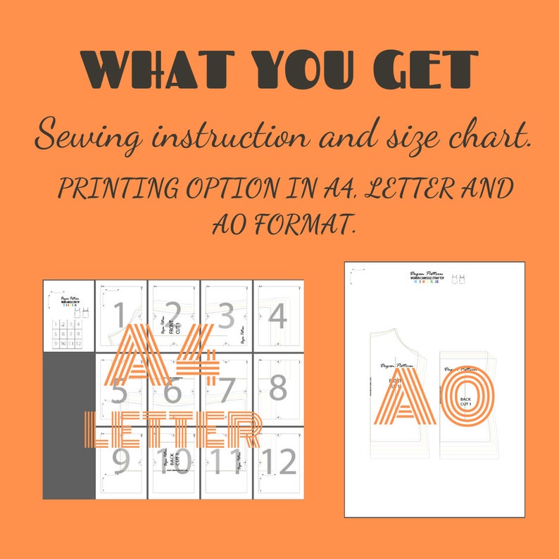 K&ouml;nnte beinhalten: Ein digitaler Download von N&auml;hanleitungen und einer Gr&ouml;&szlig;entabelle f&uuml;r ein Schnittmuster. Das Schnittmuster ist in den Formaten A4, Letter und AO verf&uuml;gbar. Das Bild zeigt eine visuelle Darstellung, wie das Schnittmuster auf mehreren Seiten gedruckt wird.