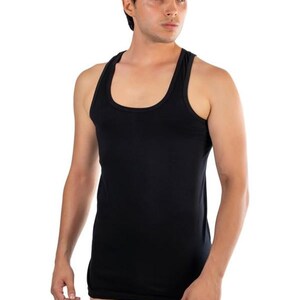 May include: A black sleeveless undershirt with a scoop neck.