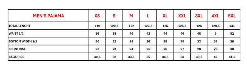 May include: A size chart for pajamas with measurements in inches for total length, waist, bottom width, front rise, and back rise. Sizes range from XS to 5XL.