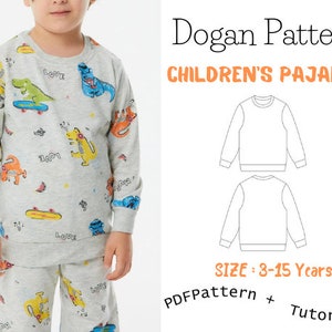 Puede incluir: Un patrón de pijama para niños descargable, con una sudadera gris con estampado de dinosaurio y las palabras "Love" y "Dream". El patrón está disponible en tallas de 3 a 15 años e incluye un patrón PDF y un tutorial.