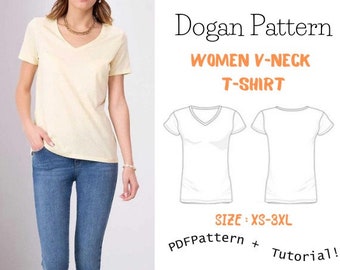 V Neck T Shirt Women's Sewing Pattern | XS-XXXL | Instant Download | Easy Digital PDF | V Neckline Short Sleeve Top Blouse,basıc tshırt pdf