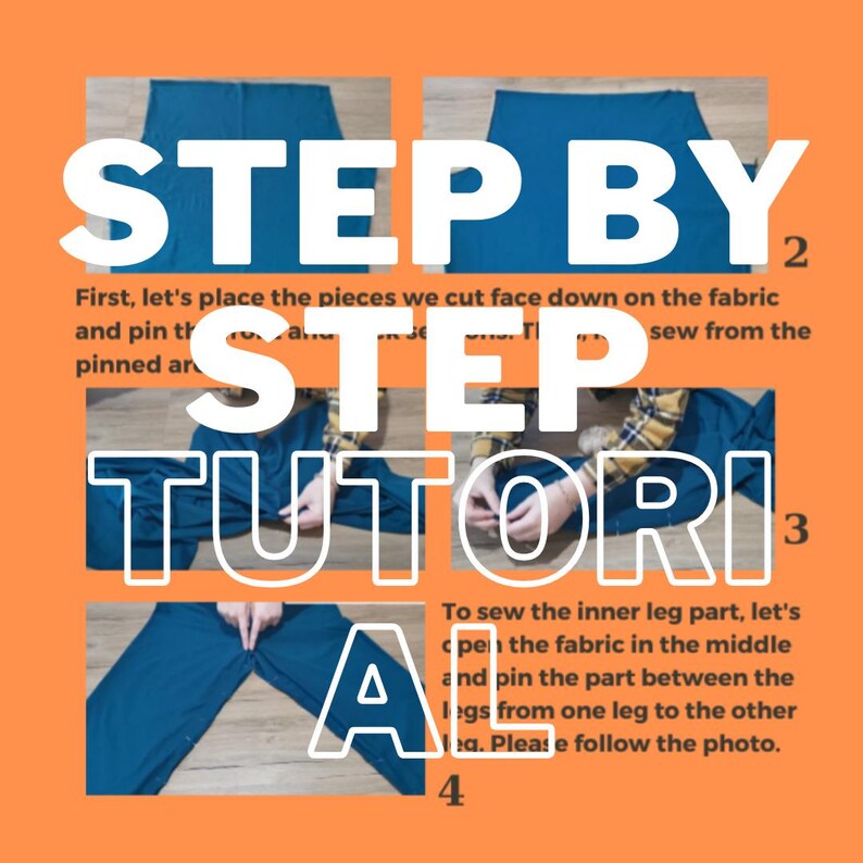 May include: A step-by-step tutorial on how to sew a pair of pants. The image shows a person sewing the inner leg seam of a pair of blue pants. The text on the image reads "Step by Step Tutorial".