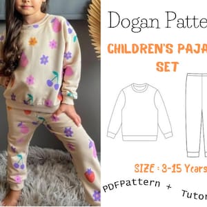 Children&#39;s Pajama Set sewing pattern, Kid&#39;s t-shirt and pants sewing pattern set, lounge set pattern  Sıze 3Y-15Y /Easy sewing project