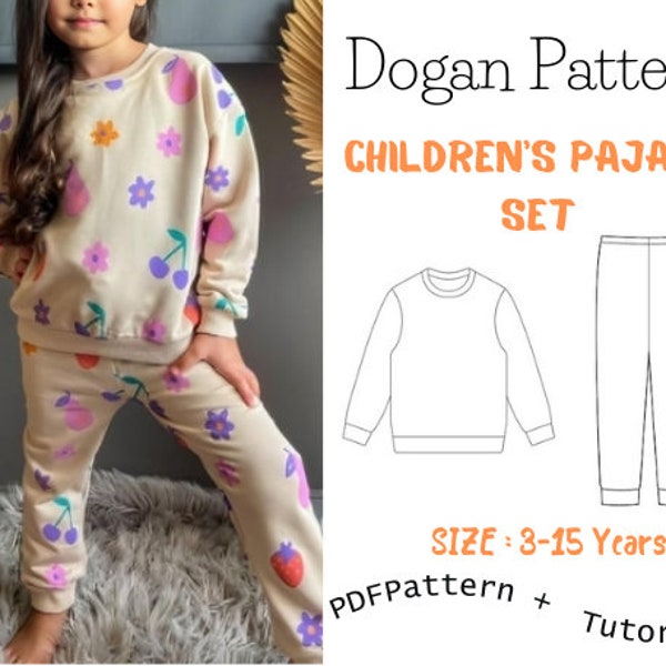 Children's Pajama Set sewing pattern, Kid's t-shirt and pants sewing pattern set, lounge set pattern  Sıze 3Y-15Y /Easy sewing project