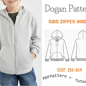 Patrón de costura de sudadera con capucha para niños Descarga en PDF, patrones de costura para niños, patrón de costura para niños Patrón para niños/cremallera para niños/Tamaño: 116-164/A4-A0-Carta