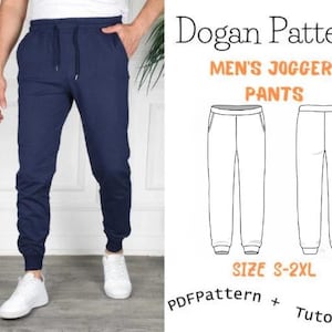 May include: A digital pattern for men's jogger pants. The pattern includes a front and back view of the pants. The text on the image reads "Dogan Pattern Men's Jogger Pants Size S-2XL PDF Pattern + Tutorial".