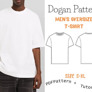 Op de afbeelding: Een digitale illustratie van een oversized t-shirt patroon voor heren. Het patroon bevat een voor- en achterkant van het t-shirt. De tekst "Dogan Pattern" en "MEN'S OVERSIZE T-SHIRT" wordt boven de illustratie weergegeven. De tekst "SIZE S-XL" wordt onder de illustratie weergegeven. De tekst "PDFPattern + Tutorial!" wordt onder de tekst van de maat weergegeven.