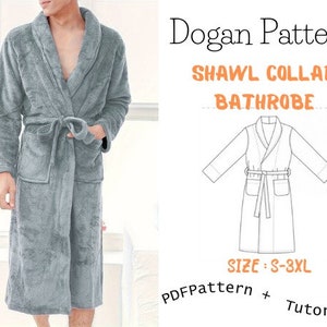 Può includere: Una vestaglia grigia con collo a scialle e cintura da legare. Il modello include un modello PDF e un tutorial. Dogan Pattern Shawl Collar Bathrobe. Taglia: S-3XL.