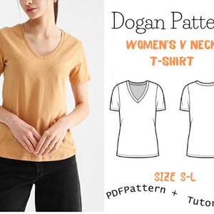 Puede incluir: Una ilustración digital de un patrón de costura para una camiseta de cuello en V para mujer. El patrón está disponible en las tallas S-L. El texto "Dogan Pattern" y "PDF Pattern + Tutorial!" está incluido en la imagen.
