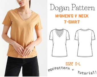 Women's V-neck T-shırt - V Neck Tee Women's Sewing Pattern -- V-neckline T-shirt PDF sewing pattern-Beginner friendly/Sıze:S-L /A4-A0-Letter