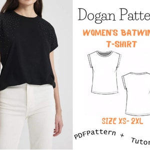 Patrón de costura de camiseta de moda para mujer Patrón de camiseta para mujer-Mujer Batwing-Easy Digital PDF-lady bat t-shirt/Sıze:XS-2XL /A4-A0-Letter