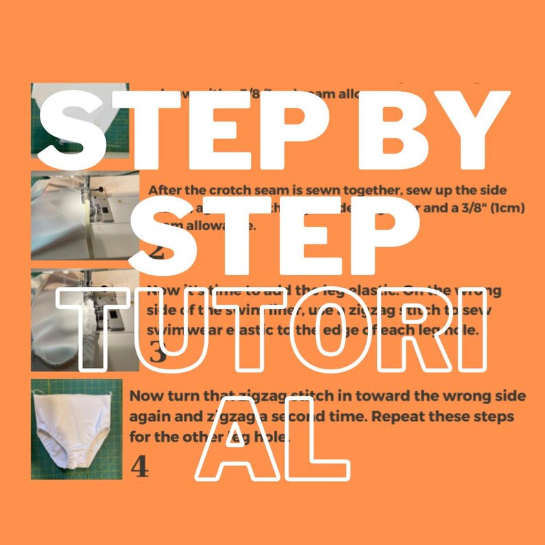 Peut inclure: Fond orange avec texte blanc &laquo;&nbsp;STEP BY STEP TUTORIAL&nbsp;&raquo;. L'image montre un guide &eacute;tape par &eacute;tape pour la couture, avec des gros plans de machine &agrave; coudre et un v&ecirc;tement blanc fini.