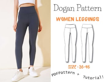 Peut inclure: Illustration numérique d'un patron de leggings pour femmes. Le patron est pour les tailles 36-46. Le texte "Dogan Pattern Women Leggings PDF Pattern + Tutorial!" est inclus dans l'image.