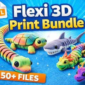 May include: A vibrant image showcases a Flexi 3D Print Bundle, featuring colorful, articulated animal models. The collection includes a turtle, shark, dog, dragons, and a snake, all in bright, playful colors. The image also displays the text "50+ FILES".