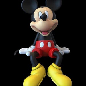 May include: A 3D rendering of Mickey Mouse, a classic cartoon character. Mickey is depicted with his signature black ears, black body, red shorts with white buttons, yellow shoes, and white gloves. The background is solid black.