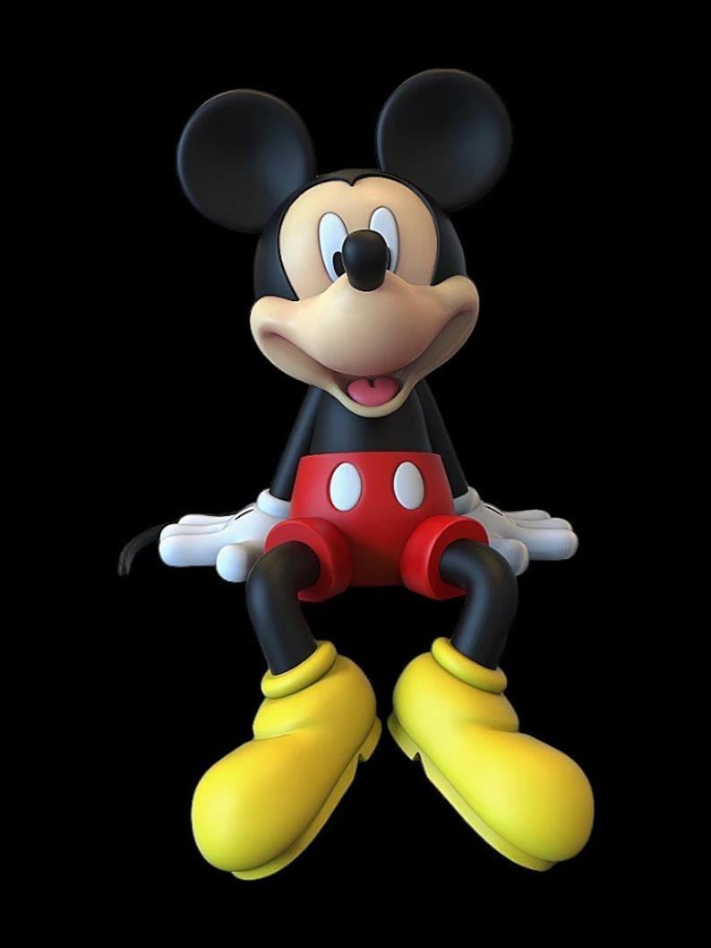 May include: A 3D rendering of Mickey Mouse, a classic cartoon character. Mickey is depicted with his signature black ears, black body, red shorts with white buttons, yellow shoes, and white gloves. The background is solid black.