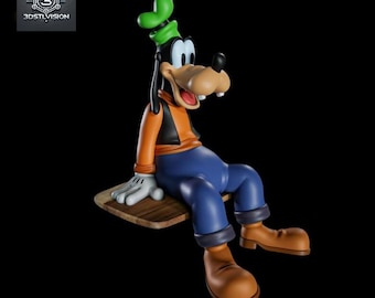 May include: A cartoon figurine of Goofy sitting on a wooden board. Goofy is wearing a blue shirt, orange vest, and a green hat. He has a big smile and is looking to the right.