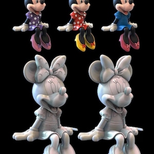 May include: A collection of Minnie Mouse figurines in various colors. The figurines feature Minnie Mouse in a polka-dot dress and bow, with matching shoes. The color variations include purple, red, and blue. There are also unpainted versions of the figurine.