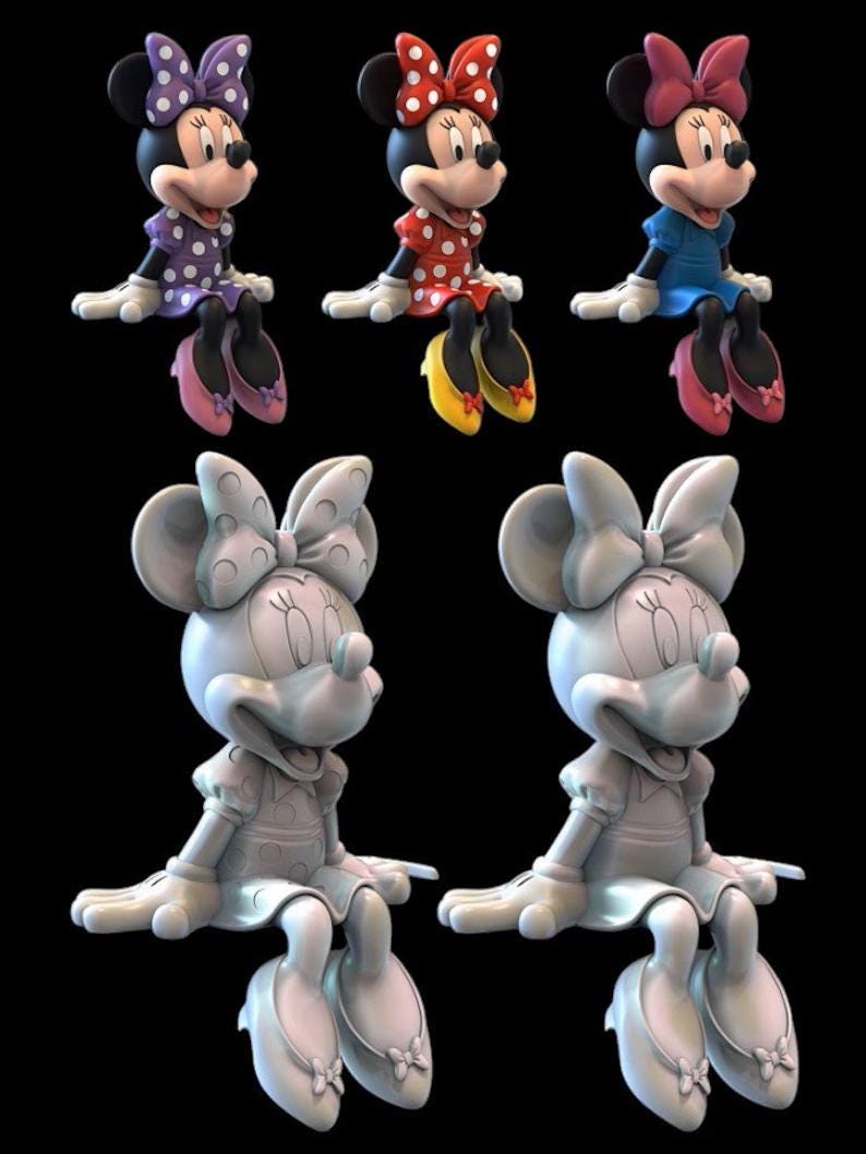 May include: A collection of Minnie Mouse figurines in various colors. The figurines feature Minnie Mouse in a polka-dot dress and bow, with matching shoes. The color variations include purple, red, and blue. There are also unpainted versions of the figurine.