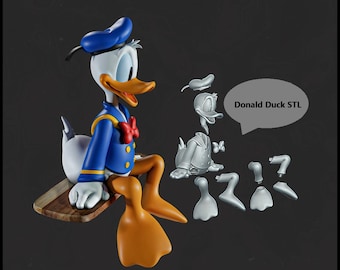May include: A 3D printed model of Donald Duck, disassembled into separate parts. The model is in a sitting pose, with the head, body, and legs separated. The text "Donald Duck STL" is visible in a speech bubble.