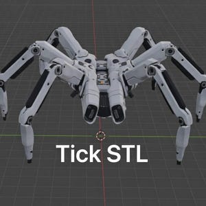 Puede incluir: Modelo de araña mecánica blanca y negra con patas articuladas. El modelo tiene un diseño complejo con múltiples articulaciones y un cuerpo central. El texto "Tick STL" se muestra en la parte inferior de la imagen.