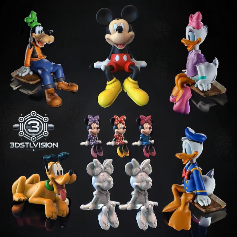 May include: A collection of Disney character figurines, including Mickey Mouse, Minnie Mouse, Donald Duck, Daisy Duck, Goofy, and Pluto. The figurines are brightly colored and detailed, with each character in a classic pose. The 3DSTLVISION logo is also visible.