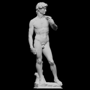 May include: A white marble statue of a nude male figure standing with one leg slightly forward and the other leg straight. The figure is posed with one arm raised and the other arm resting at the side. The statue is set against a black background.