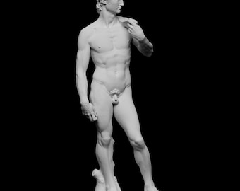 May include: A white marble statue of a nude male figure standing with one leg slightly forward and the other leg straight. The figure is posed with one arm raised and the other arm resting at the side. The statue is set against a black background.