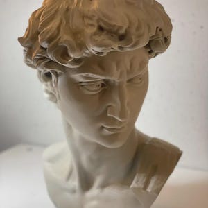 May include: A white plaster bust sculpture of a man with short, curly hair. The bust is a replica of a classic Greek or Roman sculpture.