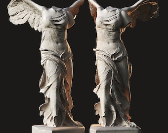 May include: Two white marble statues of the Winged Victory of Samothrace, a headless sculpture of a woman with wings, standing on a white base.