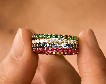 Micro Pave Eternity Diamond Wedding Ring •Dainty Stackable Band • Crystal Gemstone Jewelry • Silver Birthstone Ring • Custom Birthstone Ring