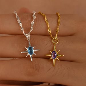 Gold Plated Minimalist North Star Pave Pendant Necklace • Oval Birthstone Starburst Necklace • Polaris Necklace • Protective Gift for Her