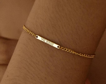 Engraved Classic Bar Bracelet with Curb Chain • Personalized Bracelet for Women•Gold Bar Bracele•Personalized Dainty Name Stackable Bracelet