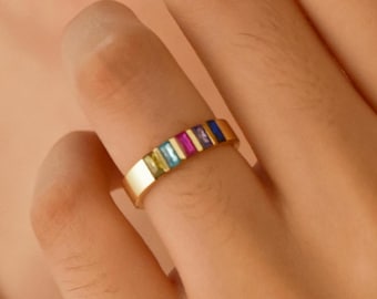 Anello con pietra portafortuna a baguette a fascia larga • Anello regalo per la famiglia di mamma e nonna • Anello con pietra portafortuna a baguette da 1 a 6 • Anello in argento 925k • Regalo personalizzato