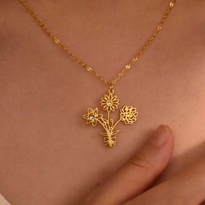 Custom Multiple Birthflower Necklace, Combined Birth Flower Bouquet Necklace, Birth Flower Necklace with Birthstone, Birth Flower Jewelry