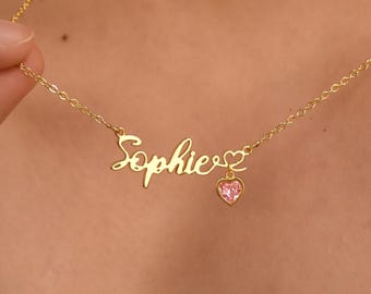 Gold Name Necklace with Birthstone • Personalized Name Necklace • Custom Name Necklace • Gifts for Mom•Birthday Gift for Her•Bridesmaid Gift