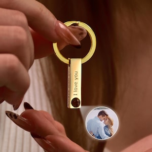 Custom Photo Keychain • Custom Projection Engraving Keychain for Him • Photo Projection Keychain • Bar keyring •  Photo Memorial Keychain