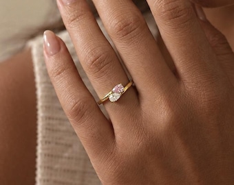Minimalistische ring met gegraveerde geboortesteen • Peer Toi Et Moi-ring • Duo-geboortesteenring • Aangepaste beloftering • Edelsteenfamiliesieraden • Cadeau voor stellen