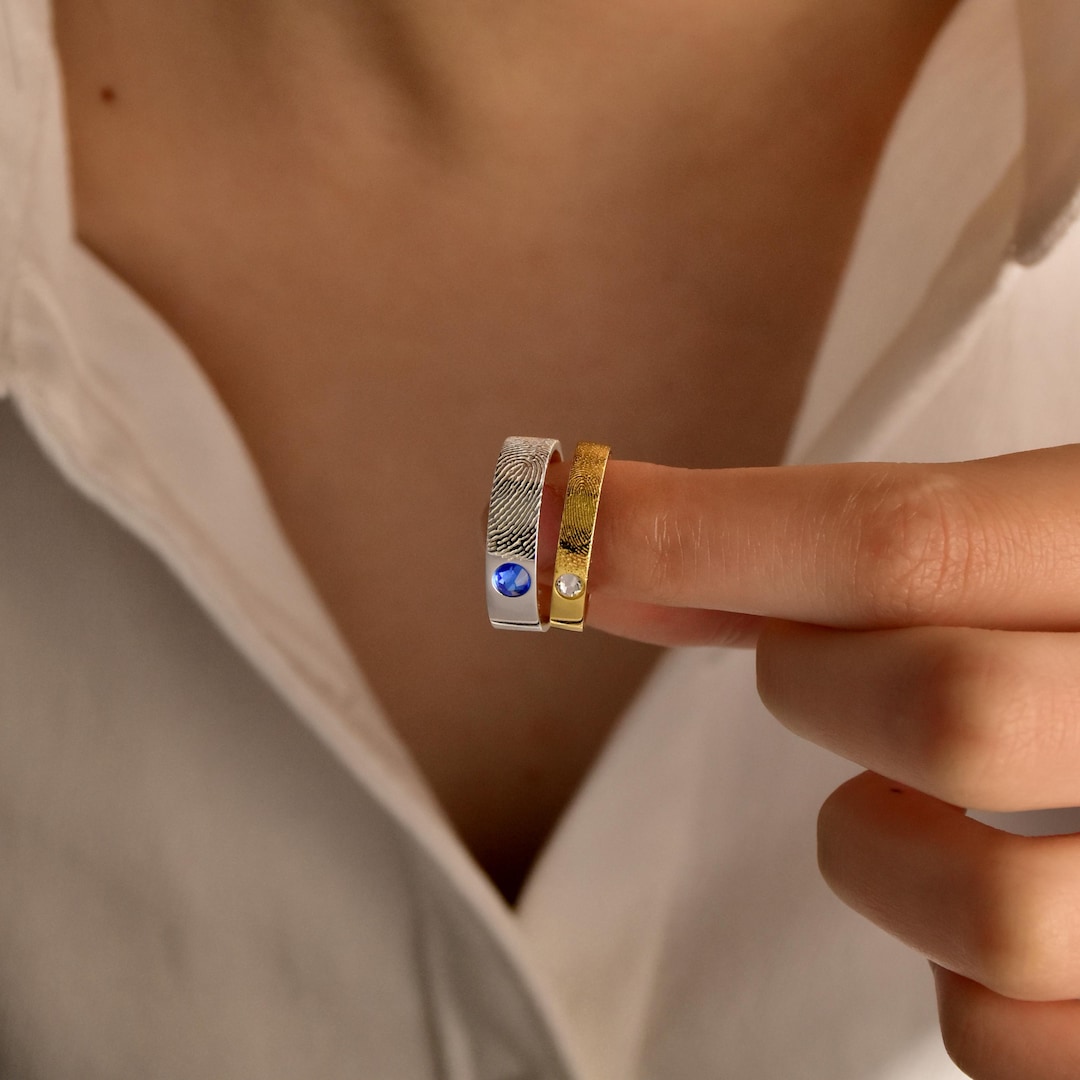 Birthstone Ring • Custom Fingerprint Ring • Custom Actual Fingerprint ...